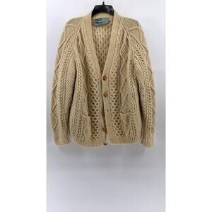 JOHN MOLLOY Men's Beige Vintage Wool Cable Knit Cardigan SZ L